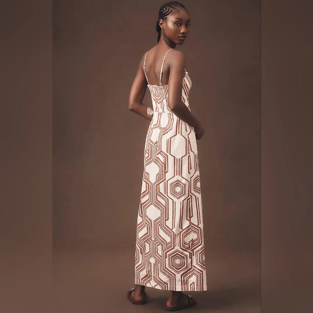 Anthropologie Strapless Geometric Dress in Cream and Brown - Picture 3 of 9